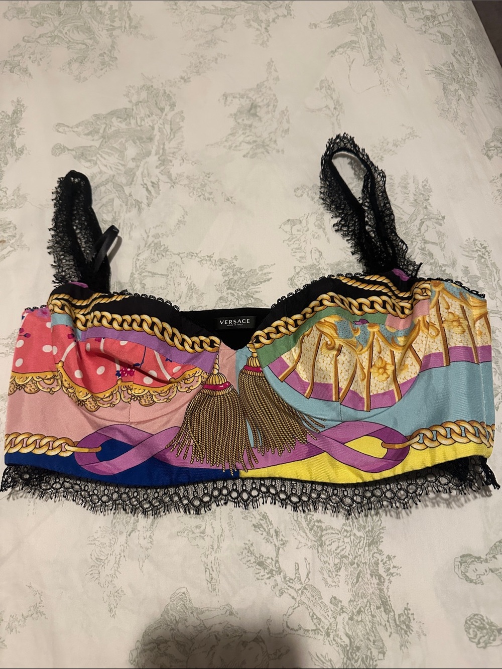 Versace Multicolor Chain-Print Lace Bandeau in Pink, Blue, Yellow, Purple, Gold